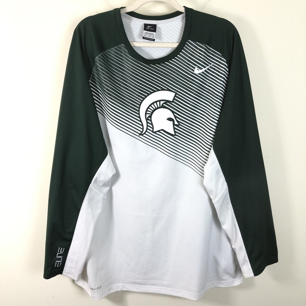 Nike Elite Dri-Fit Michigan State Spartans Long Sleeve Shirt Men 2XL Green White